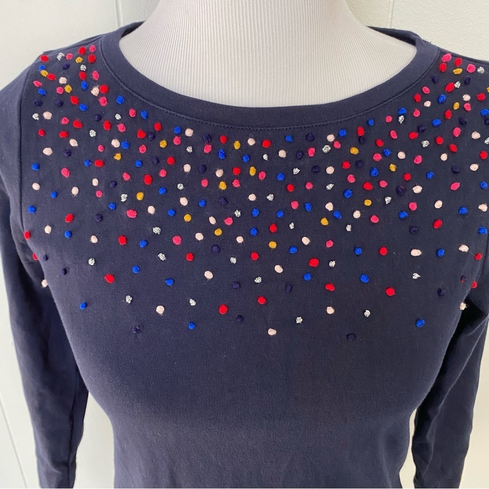 Talbots 3/4 sleeves multicolor embellish mini pom pom top Navy Blue Sz Petite P - Picture 3 of 12